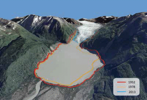 Figure 5. Perspective rendering showing retreat of the Skilak Glacier, a major source of glacial runoff to the Kenai River. Colored lines indicate ice extent for 1952, 1978, and 2013 derived from aerial photographs. The toe of Skilak Glacier retreated only slightly between 1952 and 1978 and then it retreated rapidly over 4 km between 1978 and 2013, creating a new proglacial lake. An interactive slider graphic showing greater detail is available at https://ak-nsf-epscor.github.io/kenai-change (July 2017).