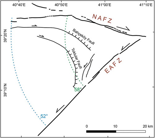 Figure 7. V-shape fault configuration defined by the North Anatolian Fault Zone (NAFZ) and East Anatolian Fault Zone (EAFZ). The angle between the strike of the two shear zones is c. 52° to 58°.