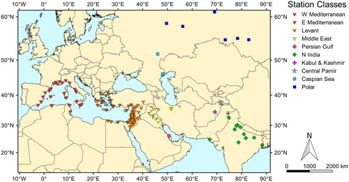 Fig. 1. Map of Global Network of Isotopes in Precipitation (GNIP) stations (larger symbols) and additional data (smaller symbols) used for calculation of regional deuterium excess averages. Grey stars show sampling sites of this study in the Western Pamir Mountains.
