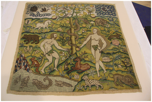 Fig. 4. Anonymous, British, embroidered picture: ‘The Temptation of Adam and Eve’, mid-seventeenth century, 57 cm x 58.5 cm, Ashmolean Museum, University of Oxford, WA1947.191.308.