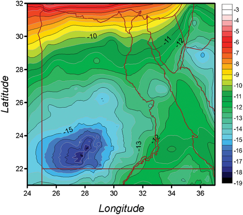 Figure 13. Difference in geoid between using fine DHM 1′′ x 1′′ with coarse DHM 30′′ x 30′′ and using fine DHM 15′′ x 15′′ with coarse DHM 30′′ x 30′′ [Units in cm].