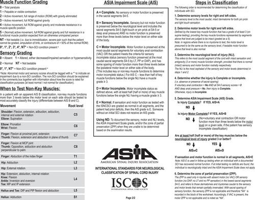 Figure 1 The International Standards for Neurological Classification of Spinal Cord Injury. Reprinted from American Spinal Injury Association: International Standards for Neurological Classification of Spinal Cord Injury, revised 2019; Richmond, VA. Available from: https://asia-spinalinjury.org/international-standards-neurological-classification-sci-isncsci-worksheet/.Citation28