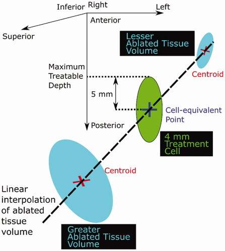 Figure 4. Schematic diagram illustrating the calculation of the maximum treatable depth. Ablated tissue volume was linearly interpolated as a function of position (depth) between the greater and lesser ablated tissues in order to find the ‘cell-equivalent’ point, where the ablated tissue volume was interpolated to be 84 mm3. The maximum treatable depth was defined to be half a treatment cell length (5 mm for a 4 mm diameter cell) deeper than this point.