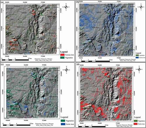 Figure 5. Ferrous iron anomaly map generated from Landsat 8 OLI (a), ASTER (b), and ferric iron anomaly generated from Landsat 8 OLI (c), and ASTER (d).