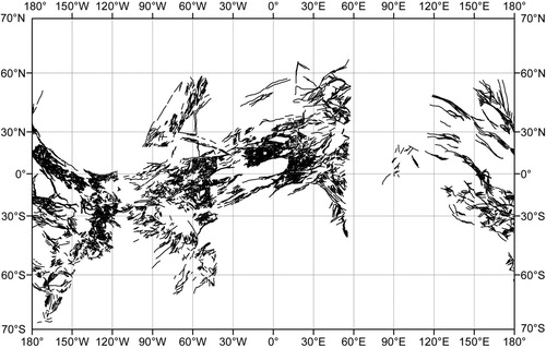 Figure 3. Grooves global mapping, Mercator projection. A total of 14,707 identified regional grooves is shown.