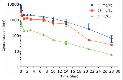 Figure 4. Plasma concentration−time profiles of unconjugated (naked) anti-S. aureus antibody following IV administration of unconjugated anti-S. aureus antibody in mice infected with S. aureus.