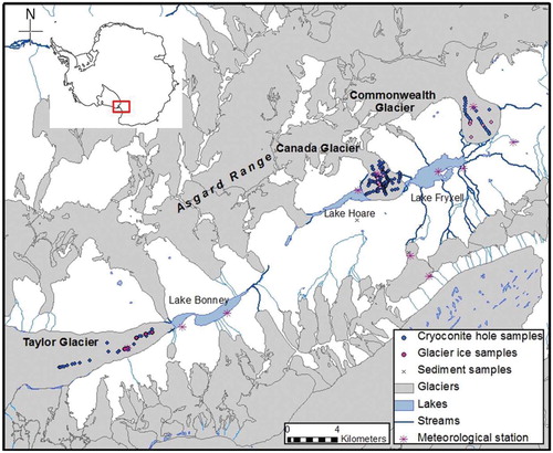 FIGURE 2. Location map of Taylor Valley, Antarctica, and location of samples collected on Taylor, Canada, and Commonwealth Glaciers.