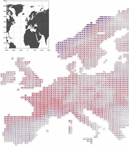 Fig. 10 Correlation analysis of gridded European precipitation with MSLP for October 1957–2001 [Key as Fig. 6].
