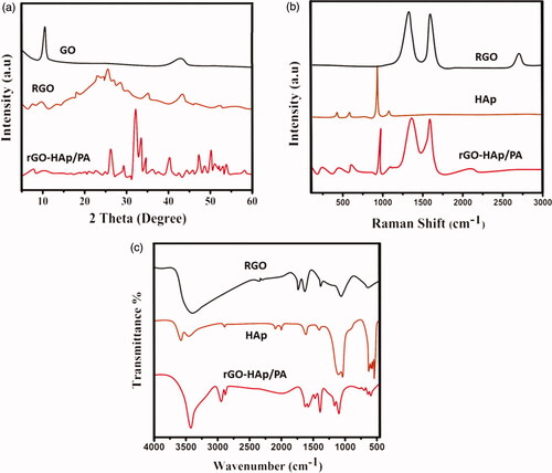 Figure 2. Spectroscopic analysis of prepared nanocomposited materials through different analytical methods (a) XRD, (b) Raman spectra and (c) FTIR spectral analysis.