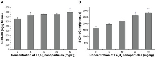 Figure 8 8-OH-dG level of liver and kidney homogenates. (A) presents the data of Liver and (B) the data of Kidney.Notes: Compared with the control group, *indicates 0.01 < P < 0.05, **indicates P < 0.01.Abbreviation: 8-OH-dG, 8-hydmxy-2′-deoxyguanosine.