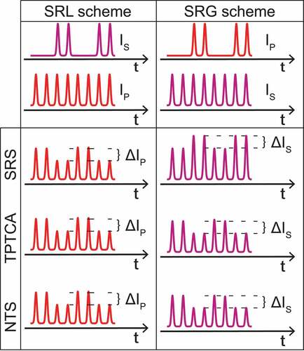 Figure 8. Intensity variation of the probed beam due to SRS and competing processes in the IM-SRS configuration. The SRS process causes a modulation with opposite signs for the two schemes, i.e. a gain in the Stokes beam (SRG scheme) and a loss in the pump beam (SRL scheme). Instead, the competing processes result in a loss effect in both schemes. NTS: non-linear transient scattering.