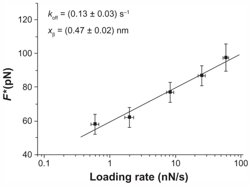 Figure 4 Plot of the unbinding forces versus the logarithm of the loading rates for the p28/p53 interaction. Statistical errors are given by standard deviation. The line is obtained by fitting the experimental data by the Bell-Evans model (EquationEquation 2F*=kBT/xβ·ln[r xβ/(koff·kBT](2) ).Abbreviations: koff, dissociation rate constant; F*, the most probable unbinding force; xβ, width of the potential barrier along the direction of the applied force.