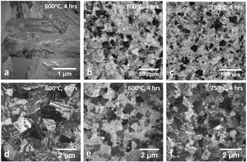 Figure 3. Post-annealing bright-field TEM images of: (a) TiAl film with no seed layer (dm = 1.15 ± 0.2 µm). (b) TiAl film with a single 1 nm Ti seed layer (dm = 65 ± 35 nm). (c) TiAl film with a single 1 nm Ti seed layer (dm = 67 ± 39 nm). (d) TiNi film with no seed layer (dm = 1.44 ± 0.29 µm). (e) TiNi film with a single 1 nm Ti seed layer (dm = 540 ± 150 nm). (f) TiNi film with a single 1 nm Ti (dm = 580 ± 124 nm). All the films were 100 nm thick and the annealing temperature and time are indicated in the images. For all seeded films, the seed layer was deposited in the middle. The ± values in dm correspond to the standard deviation.