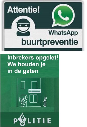 Figure 1. Neighbourhood Watch Sign (Translation: ‘Attention, WhatsApp neighbourhood prevention’) and Police Sign (Translation: ‘Burglars pay attention! We are watching you’).