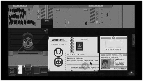 Figure 2. Player receives Ministry of Admission citation for admitting a passport holder with an expired passport. As the first infraction, the citation is a warning rather than a penalty; however, the player is not compensated for processing this individual’s entry into Arstotzka. Screen Capture from Papers, Please. © Copyright 3909 LLC. Used with permission.