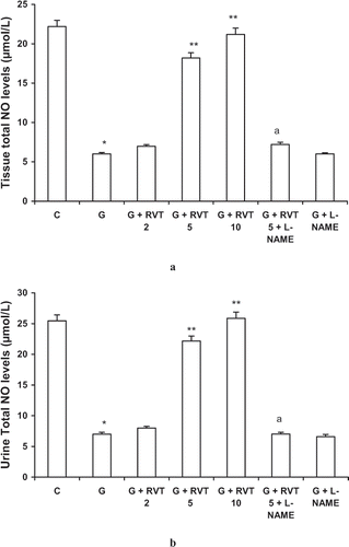 Figure 2. Effect of resveratrol (2, 5, and 10 mg/kg) and L-NAME (10 mg/kg) on tissue (a) and urine (b) total nitric oxide levels in glycerol-treated rats. The values are expressed as mean ± SEM. *p < 0.05 as compared with the control group; **p < 0.05 as compared with the glycerol-treated group; a p < 0.05 as compared to RVT 5 + G-treated group (one-way ANOVA followed by Dunnett's test).