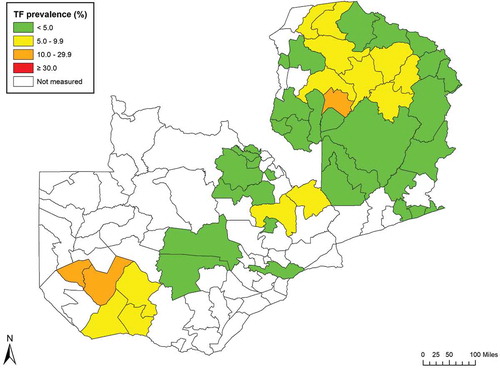 Figure 3. Prevalence of trachomatous inflammation—follicular (TF) in 1–9-year-olds, by evaluation unit, trachoma prevalence surveys, Zambia, 2016–2017.