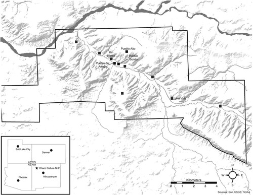 Figure 1. Map of Chaco Culture National Historic Park (boundaries outlined in black) showing great house locations. Great houses mentioned in text are labelled.