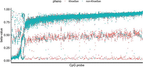 Figure 2. Identification of polymorphisms in methylation data. Strip chart shows methylation beta-values for 298 CpG array probes with trimodal patterns characteristic for SNPs with CC, CT, TT genotypes. Probes were found with the clustering algorithm implemented in MethylToSNP R package. Colour indicates the sample group: KhoeSan or non-KhoeSan. Heatmap and clustering of samples based on novel SNPs is provided in Supplemental Figure 1