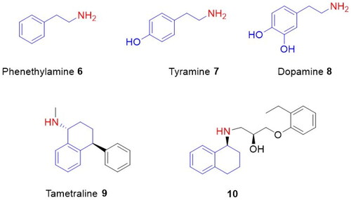 Figure 2. Phenethylamine 6, tyramine 7, dopamine 8, tametraline 9, and 1-aminotetralin derivative 10.