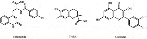 Figure 1. Chemical structures of some antioxidants (rebamipide, trolox, and quercetin).