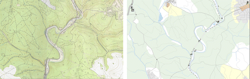 Figure 4.  Comparison of the map with full-scale topography (left) and with strongly reduced features (right).