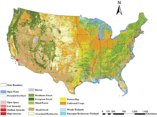 Figure 1. Land use patterns in the contiguous United States. Data are obtained from NLCD 2006.Colours were defined according to the NLCD 2006 legend.