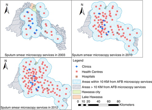 Fig. 1 Geographic distribution of AFB microscopy services and areas within 10 km distance from the nearest TB diagnostic (AFB microscopy) facilities in the Sidama Zone, in 2003, 2010 and 2012.