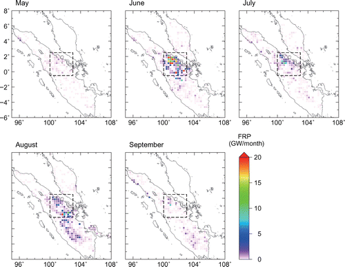 Fig. 4. Distribution of monthly fire radiative power (FRP) intensity with a spatial resolution of 0.25° × 0.25° over Sumatra from May to September 2013. The area over Sumatra surrounded by the dashed square line indicates the study area used for detailed analysis in this study.