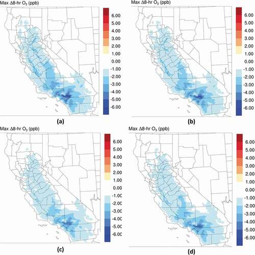 Figure 5. Peak differences in summer episode MD8H ozone between the SIP case and (a) Case 1B, (b) Case 2A, (c) Case 2C, and (d) Case 2D in ppb