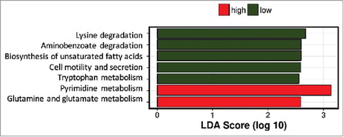 Figure 5. Predictive function analysis of gut microbiota profiles of women with low or high dietary fiber intake. Pathways predicted to be upregulated in women with low fiber intake in green bars, those upregulated in women with high fiber intake in red bars.