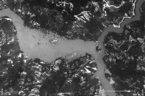 Figure 7.  Inundated village as seen on a SPOT-5 panchromatic image.