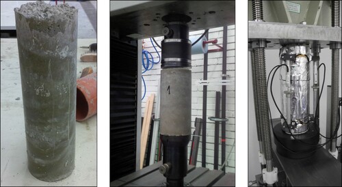 Fig. 7: Sprayed shotcrete specimen, unmolded 6 h after spraying (left), unsealed specimen for determining the uniaxial compressive strength (center), and sealed specimen mounted in a hydraulic creep test bench (right)