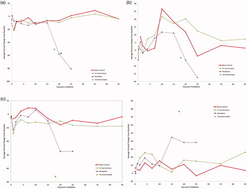Figure 8. (a) Average change in coagulation factor activity levels over baseline in male Gottingen minipigs following total body irradiation. Shown are the changes in the a) Factor XIII. For decedents, each data point represents the average of n = 6 animals, with the exception of Day 20 (n = 4) and Day 25 (n = 1). A single animal succumbed at Day 18 and is provided independently (‘terminal sample’). The Sham Control group consisted of n = 4 animals. For each in illustrating changes, the group standard deviations are not presented, however any statistical significance is noted by * (p < .002). (b) Factor XII. (c) protein C. (c) antiplasmin.