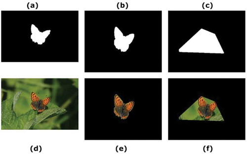 Figure 6. “0023” image from subset5, (a) GT image, (b) segmented mask image by BM, (c) segmented mask image by GF2T, (d) original image, (e) extracted object image by BM, and (f) extracted image by GF2T.