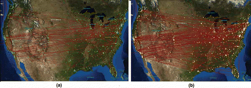 Figure 1. Spatial networks between GIS research organizations in the United States: (a) Collaboration network and (b) citation network accumulated from 1992 to 2011. Only links with weights greater than 2 are displayed for graph clarity.