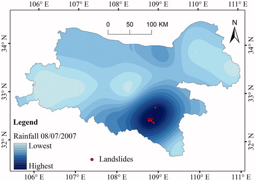 Figure 17. Spatial distribution of daily rainfall on August 7, 2007, coinciding with a landslide event.