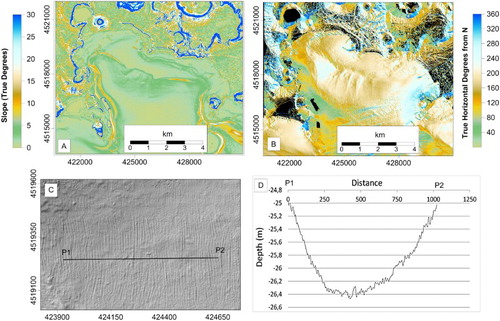 Figure 2. (a) Slope map; (b) Aspect map; (c) Seafloor DEM sample displaying apparent rugged-shaped, ripple-like morphology, actually due to an artefact (fake seafloor undulations aligned along swath, perpendicular to the ship heading); (d) bathymetric profile P1–P2 showing shape and magnitude of ripple-like noise.