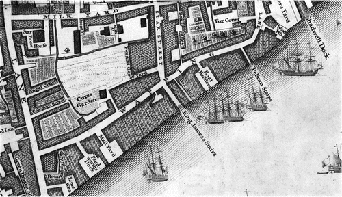 Figure 2 Detail of Bludworth and Shadwell Docks and the Mast Yard reproduced from John Rocque, Map of London, Westminster and Southwark. Milk Yard is off New Gravel Lane, now Garnet Street.