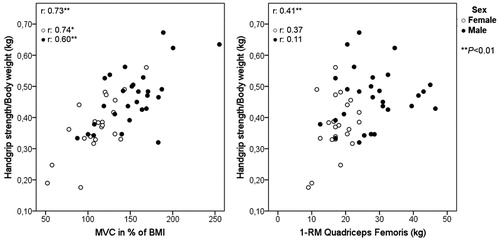 Figure 5. General correlations and correlations according to sex between handgrip/body weight and (A) quadriceps femoris MVC in % of BMI and (B) 1-RM quadriceps femoris. BMI: Body mass index; MVC: Maximal voluntary contraction; BMI: 1-RM: one-maximal repetition.