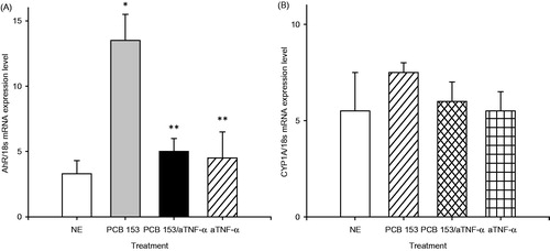 Figure 5. Effect on relative (A) AhR and (B) CYP1A1 gene expression in PBMC exposed to PCB 153 (20 ng/ml) and an antagonist of TNFα (100 ng anti-TNFα/ml) after 2 h of exposure. Mean [±SD] of six independent experiments is shown. mRNA for selected genes were compared using qRT-PCR and normalized against 18s rRNA. *p < 0.05 versus non-exposed cells (NE) and **p < 0.05 versus PCB 153-exposed cells.