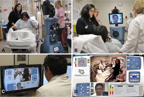 Fig. 2 Photographs of the RP-7 remote presence robot, nicknamed “Rosie” (A) at a patient's bedside assessment; (B) the remote physician interacting with the patient and the clinical team in Nain; (C) control station used by the remote physician conducting the clinical assessment in the Nain clinic and (D) snapshot of the control screen for the RP-7 remote presence robot.