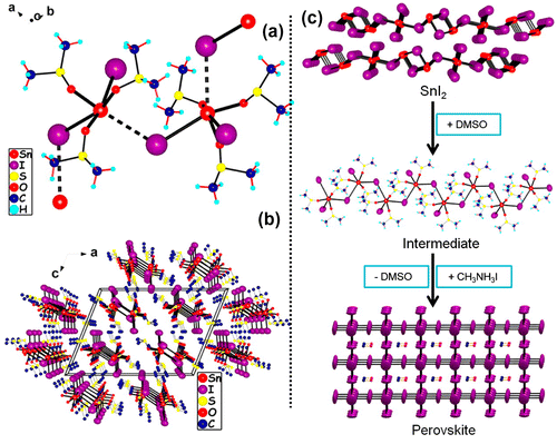 Figure 3. Crystal structure of SnI2·3DMSO, an intermediate compound in the MASnI3 film fabrication process. (a) The dimeric structure of the SnI(DMSO)3 + ions linked through the lone I− ions. (b) The unit cell of SnI2·3DMSO in parallel view. (c) A schematic of the film formation of the MASnI3 perovskite film starting from SnI2 through the SnI2·3DMSO intermediate [Citation80].