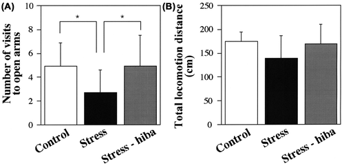 Fig. 4. Behavioral analysis in the elevated plus-maze test.Note: (A) The number of visits to the open arms during the 10-min period. The number of visits to the open arms by stressed rats was smaller than that of control rats (P < 0.05), and the number of visits to the open arms by stress-HEO rats was recovered to the value of control rats (P < 0.05). (B) The total locomotion distance during the recording period (10 min). No significant difference was observed in the total locomotion distance among stressed, stress-HEO, and control rats. Note that the inhalation of hiba oil by stressed rats may have caused a decrease in the stress level compared with that of stressed rats not treated with the oil. White, black, and gray columns indicate the percents of control (n = 12), stressed (n = 10), and stress-HEO rats (n = 12), respectively. Error bars indicate SD.