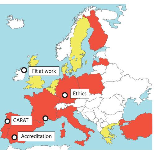 Figure 1 Participating countries in the MASK-ARIA twinning. In yellow, countries with a twinning activity. In red, twinning in the entire country. The twinning RS originator is: MACVIA-France. The twinning RS adopters are: Aragon, Campania, Catalonia, City of Helsinki, Ageing@Coimbra, Heraklion, Kohln-Bonn, Life Tech Valley, Liguria, Lodz, Medical Delta, Milan Metropolitan – Bergamo Province, NHS24, Northern Ireland, Olomuc, Pays de la Loyre, Porto4Age, Apulia, Piedmont, Southern Denmark, Nouvelle Aquitaine, Turkey. Twinning organizations in Sweden and Lithuania are not RSs.