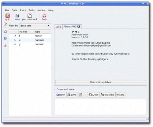 Figure 1: The basic pmg GUI at start up. The menu bar and tool bar are found, as usual, at the top of the GUI. On the left is a variable browser indicating that in this R session, three variables have been defined (f, x, and y). The right-hand side contains a notebook for displaying additional dialogs. At startup, the Data tab is present and an About PMG tab. The Data tab offers a primitive spread sheet interface to rectangular data sets (data frames). Beneath this area is the Command area where R commands may be typed and evaluated.