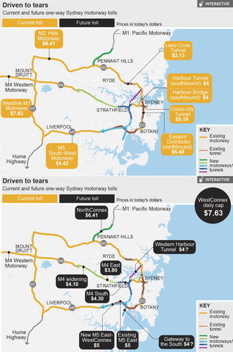 Figure 1. Sydney’s toll road network: existing and new tollways. Source: Saulwick (2015, Sydney Morning Herald).