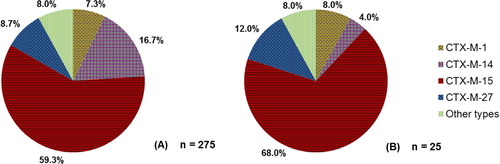 Fig. 3.  (A) Proportion of various genotypes detected in ESBL-producing E. coli urinary tract infections in humans in Denmark in 2011. (B) Proportion of various genotypes detected in ESBL-producing E. coli bloodstream infections in humans in Denmark in 2011. Source: DANMAP 2011.