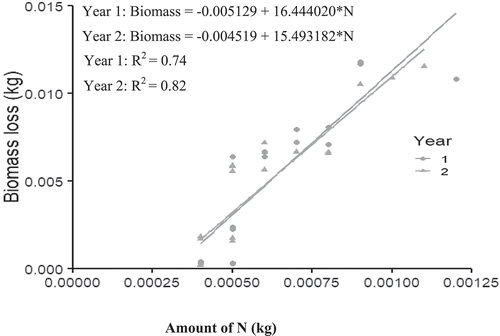 Figure 2. Relationship between Albizia leaf biomass decomposition and nitrogen release.