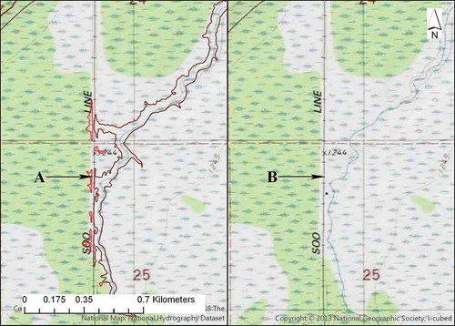 Figure 9. High-resolution contours depict subtleties in the terrain not depicted in the legacy contours. Small depressions are not only represented in the higher resolution elevation data, they were saved by the automated routine that deletes tops and depressions below the desired threshold (A). The same contours are missing from the legacy map (B).